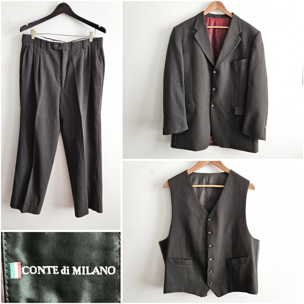 VTG Conte di Milano 3-Piece Gray Olive Men’s Suit 100% Worsted Wool Classic Fit